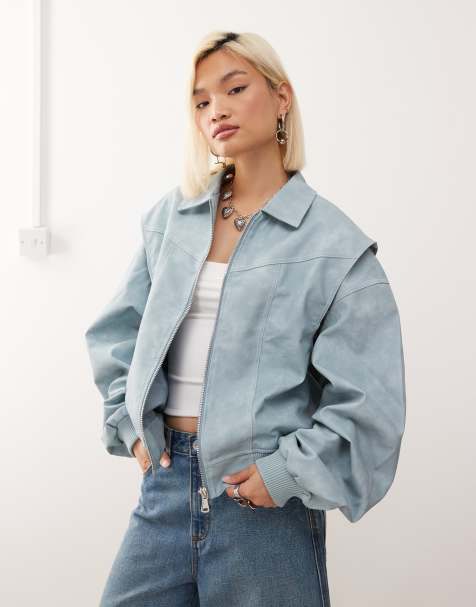 Lioness exclusive Vista leather look contrast stitch bomber jacket in baby blue