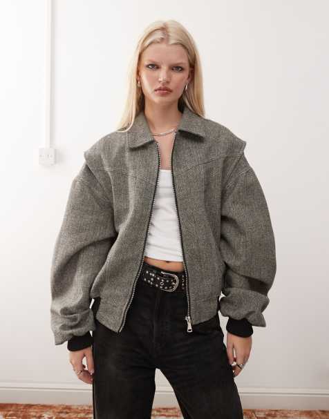 Lioness exclusive Vista leather look contrast stitch bomber jacket in ash tweed - view 1
