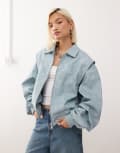 [Lioness] Lioness exclusive Vista leather look contrast stitch bomber jacket in baby blue XL Baby blue