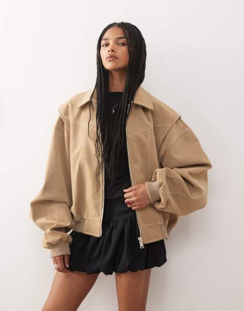 Lioness exclusive Vista leather look contrast stitch bomber jacket in latte - view 1