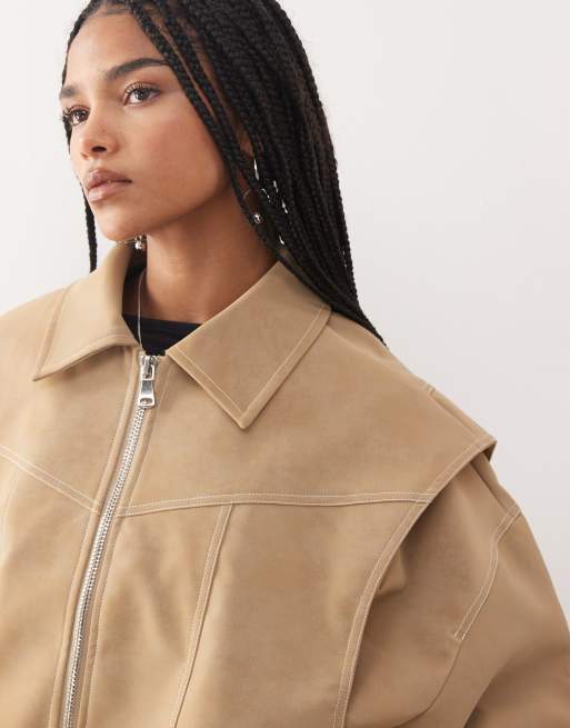 Lioness Exclusive Vista leather look contrast stitch bomber jacket in taupe