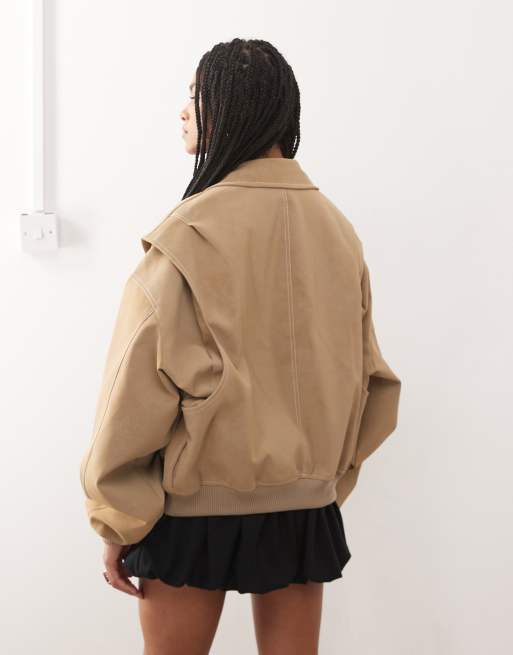 Lioness Exclusive Vista leather look contrast stitch bomber jacket in taupe
