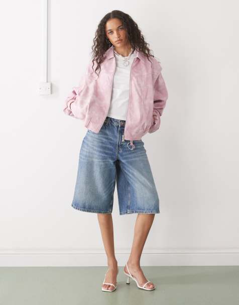Lioness exclusive Vista leather look contrast stitch bomber jacket in pink - view 1