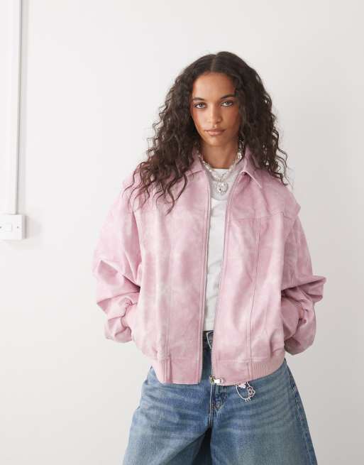 Lioness exclusive Vista leather look contrast stitch bomber jacket in pink