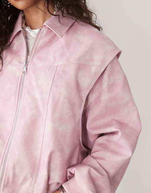 Lioness exclusive Vista leather look contrast stitch bomber jacket in pink