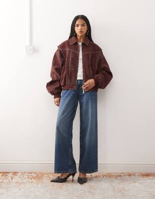 Lioness Exclusive Vista Leather Look Contrast Stitch Bomber Jacket In Red