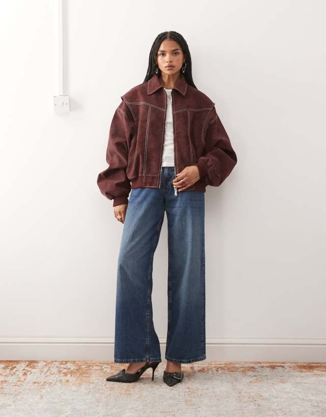 Lioness Exclusive Vista leather look contrast stitch bomber jacket
