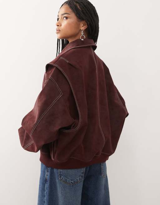 Lioness exclusive Vista leather look contrast stitch bomber jacket in shiraz