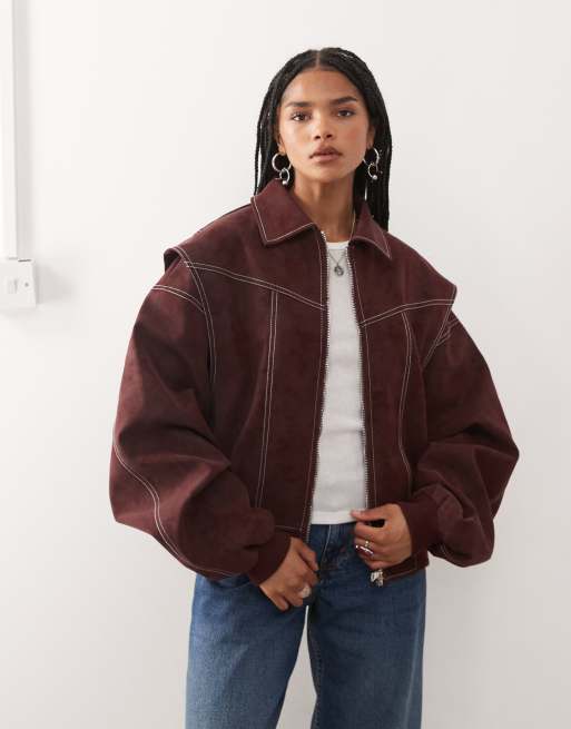 Lioness exclusive Vista leather look contrast stitch bomber jacket in shiraz