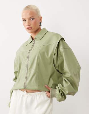Lioness Exclusive Vista Leather Look Contrast Stitch Bomber Jacket In Green