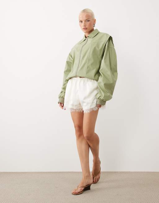 Lioness exclusive Vista leather look contrast stitch bomber jacket in soft khaki, 2 of 4