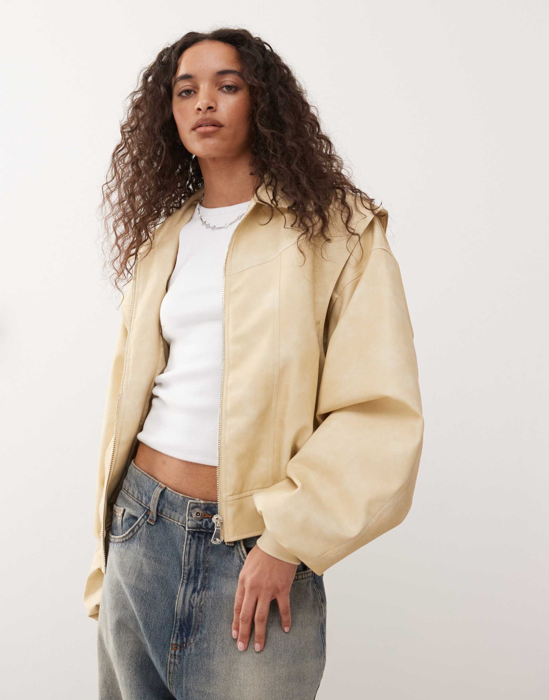 lioness exclusive vista leather look contrast stitch bomber jacket in soft lemon