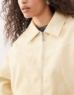 Lioness Exclusive Vista Leather Look Contrast Stitch Bomber Jacket In Neutral