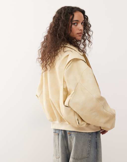 Lioness exclusive Vista leather look contrast stitch bomber jacket in soft lemon