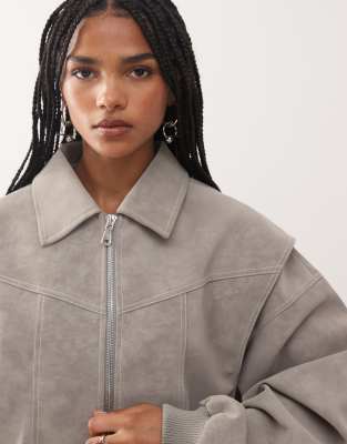 Lioness Exclusive Vista Leather Look Contrast Stitch Bomber Jacket In Gray