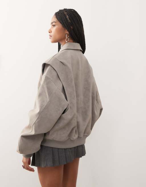 Lioness exclusive Vista leather look contrast stitch bomber jacket in taupe