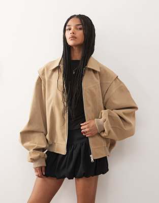 Lioness Exclusive Vista Leather Look Contrast Stitch Bomber Jacket In Brown