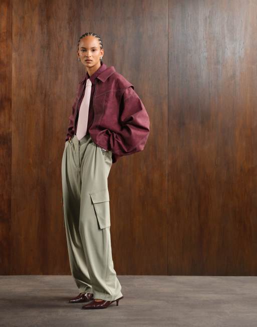 Lioness exclusive Vista leather look contrast stitch bomber jacket in wine red