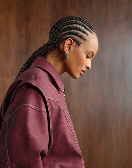 Lioness exclusive Vista leather look contrast stitch bomber jacket in wine red