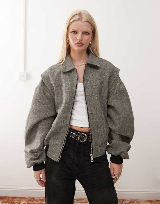Lioness - Exclusives - Vista - Bomberjack met leerlook en contrasterende stiksels in asgrijs tweed