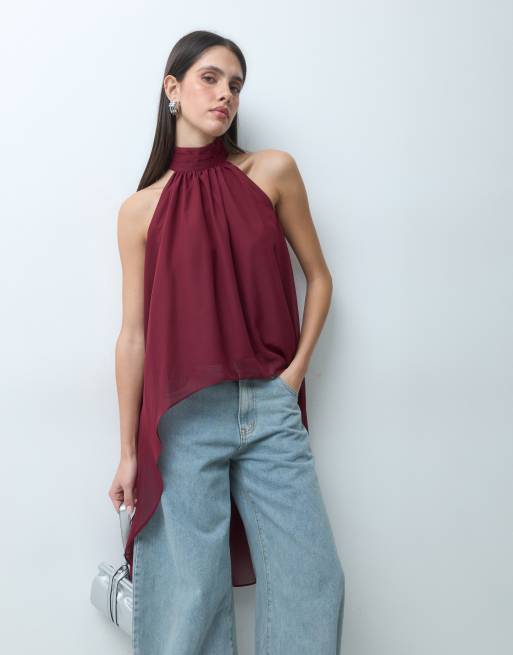 Lioness exklusiv Gabriella halterneck-chiffontopp med drapering i körsbärsrött, 3 av 5