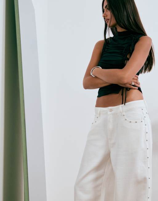 Lioness exklusiva Top Model jeans med vida ben och nitar i vitt, 4 av 5