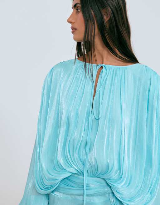 Lioness exklusive Elements Mini-Kleid aus Chiffon mit hohem Glanz, Drapé-Detail, Ballonärmeln und Bindegürtel in Aqua, 2 von 4