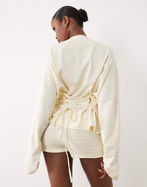 Lioness – Exklusivt – Bloom – Citrongula, randiga shorts i bomullsmix, del av set, 5 av 5
