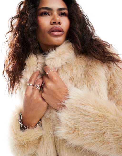 Lioness faux fur coat in beige ASOS