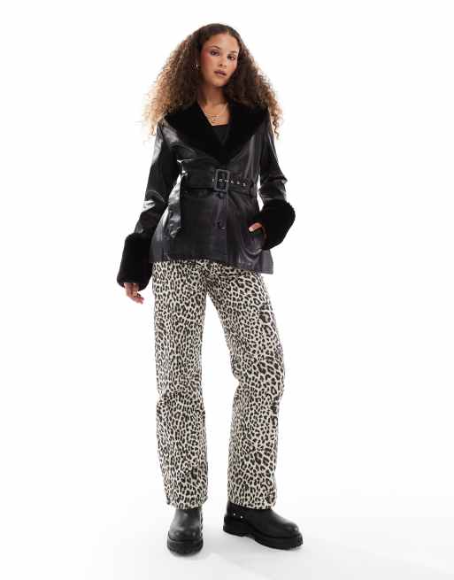 Lioness faux fur collar and cuff short belted leather look jacket in black, 4 of 4