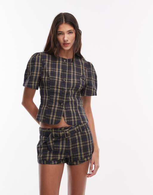 Lioness - Femme - Ensemble en coton majoritaire à carreaux avec blouse boutonnée à manches bouffantes et mini-short - Bleu marine et citron, 3 de 3