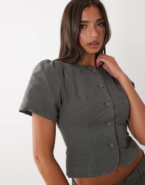 Lioness - Femme - Blouse van katoen met pofmouwen en knoopsluiting in grijs, deel van co-ord set - view 1