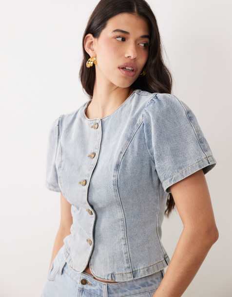 Lioness Femme - Blusa in misto cotone in denim lavaggio chiaro con bottoni e maniche a sbuffo - view 1