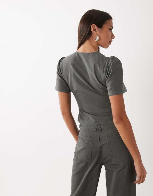 Lioness Femme cotton puff sleeve button up blouse in gray, 2 of 4