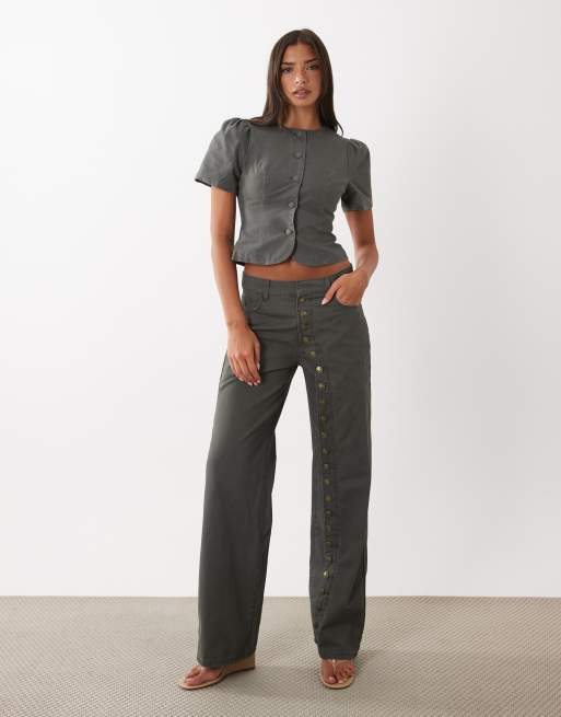 Lioness Femme cotton puff sleeve button up blouse in gray, 3 of 4