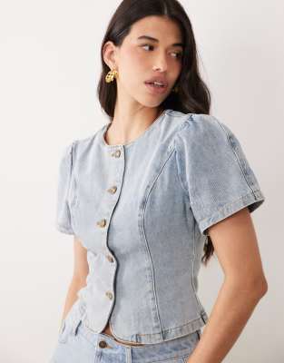 Lioness Femme Cotton Rich Puff Sleeve Button Up Blouse In Blue