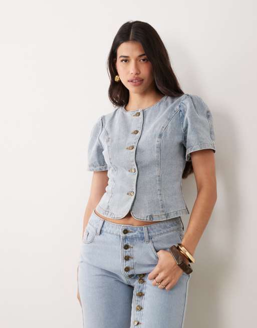 Lioness Femme cotton rich puff sleeve button up blouse in light wash denim, 2 of 4