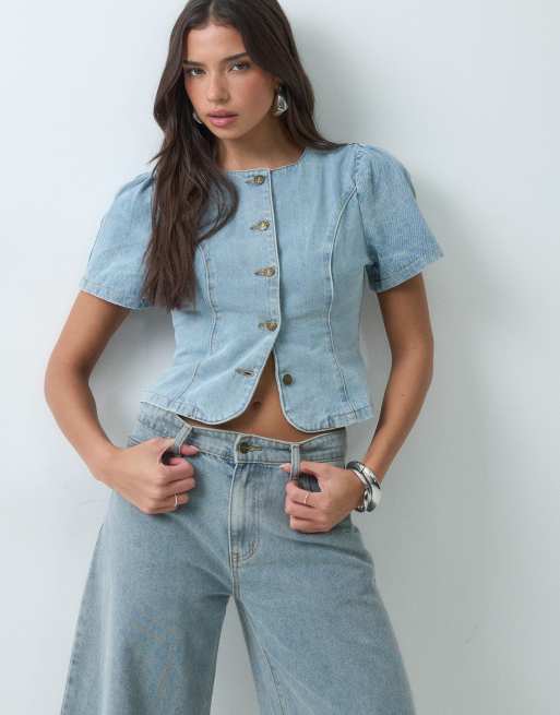Lioness Femme cotton rich puff sleeve button up blouse in light wash denim, 5 of 5