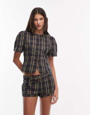 Lioness - Femme - Karierte Bluse in Marineblau und Zitronengelb mit hohem Baumwollanteil, Puffärmeln und Knopfleiste, Ko...