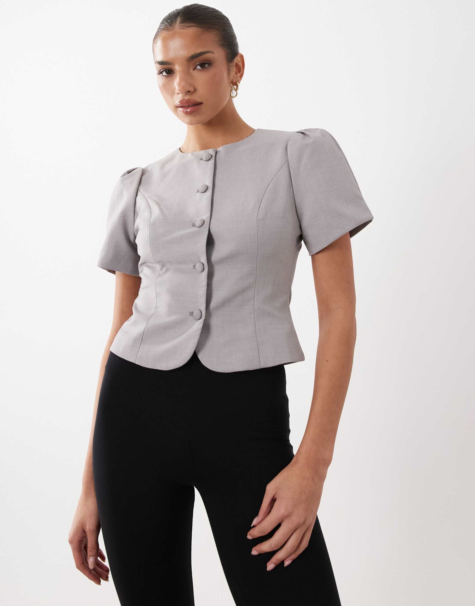 lioness femme puff sleeve button up blouse in beige