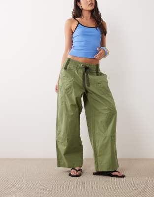 Lioness Fever Cotton Shirred Tie Waist Wide Leg Utility Pants In Green