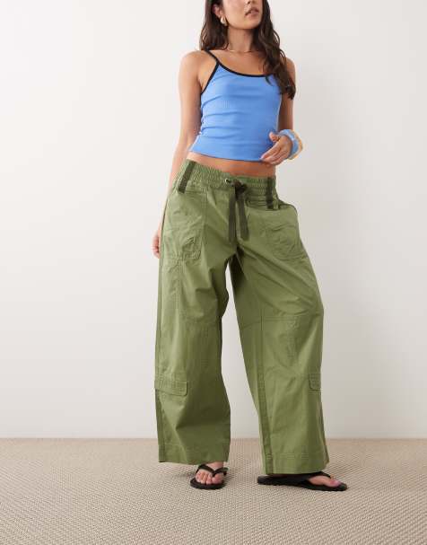 Lioness – Fever – Utility-Hose aus Baumwolle in Khaki mit gesmoktem Kordelzugbund und weitem Bein - view 1