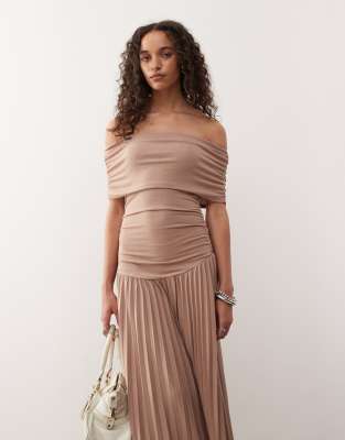 Lioness Field Of Dreams Bardot Ruched Waist Pleated Drop Hem Maxi Dress In Brown