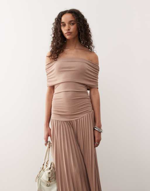 Lioness Field Of Dreams bardot ruched waist pleated drop hem maxi dress in mocha