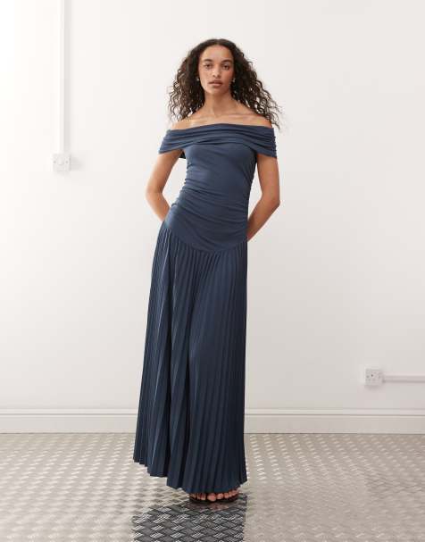 Lioness Field of Dreams fine knit foldover bardot ruched drop waist pleated maxi dress in navy - view 1