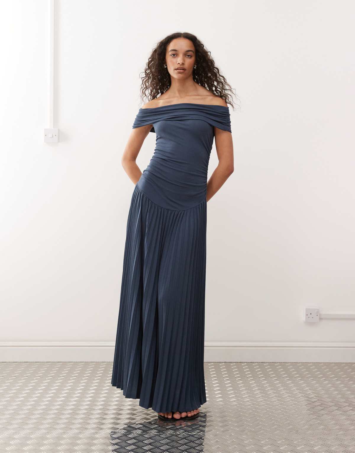Lioness Field of Dreams fine knit foldover bardot ruched drop waist pleated maxi dress in navy