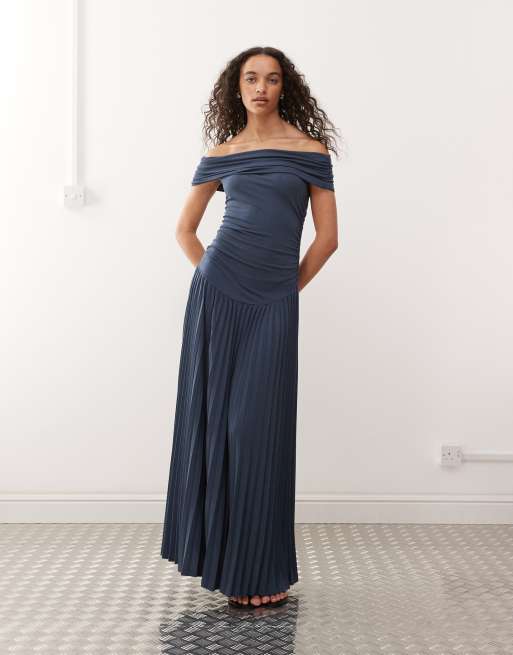 Lioness Field of Dreams fine knit foldover bardot ruched drop waist pleated maxi dress in navy
