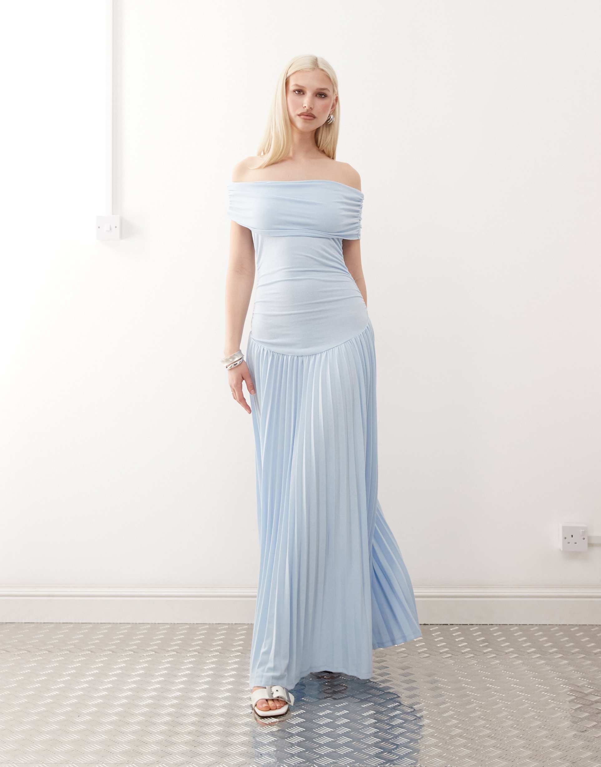 lioness field of dreams fine knit foldover bardot ruched drop waist pleated maxi dress in soft blue
