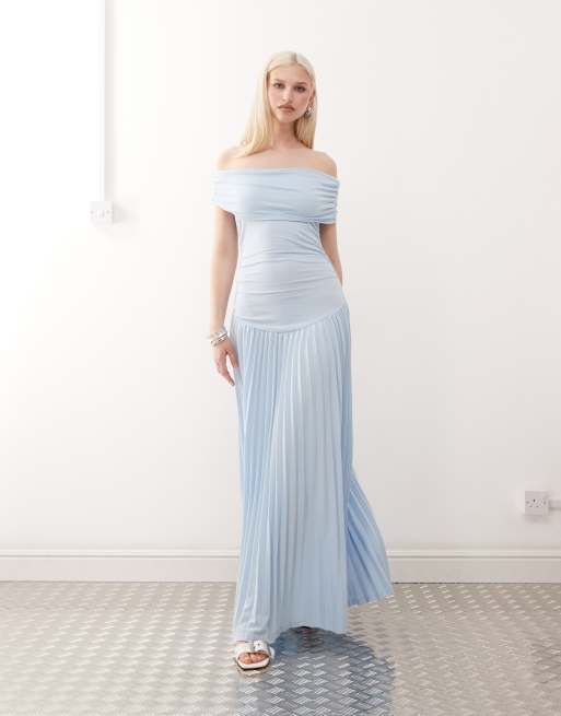 Lioness Field of Dreams fine knit foldover bardot ruched drop waist pleated maxi dress in soft blue
