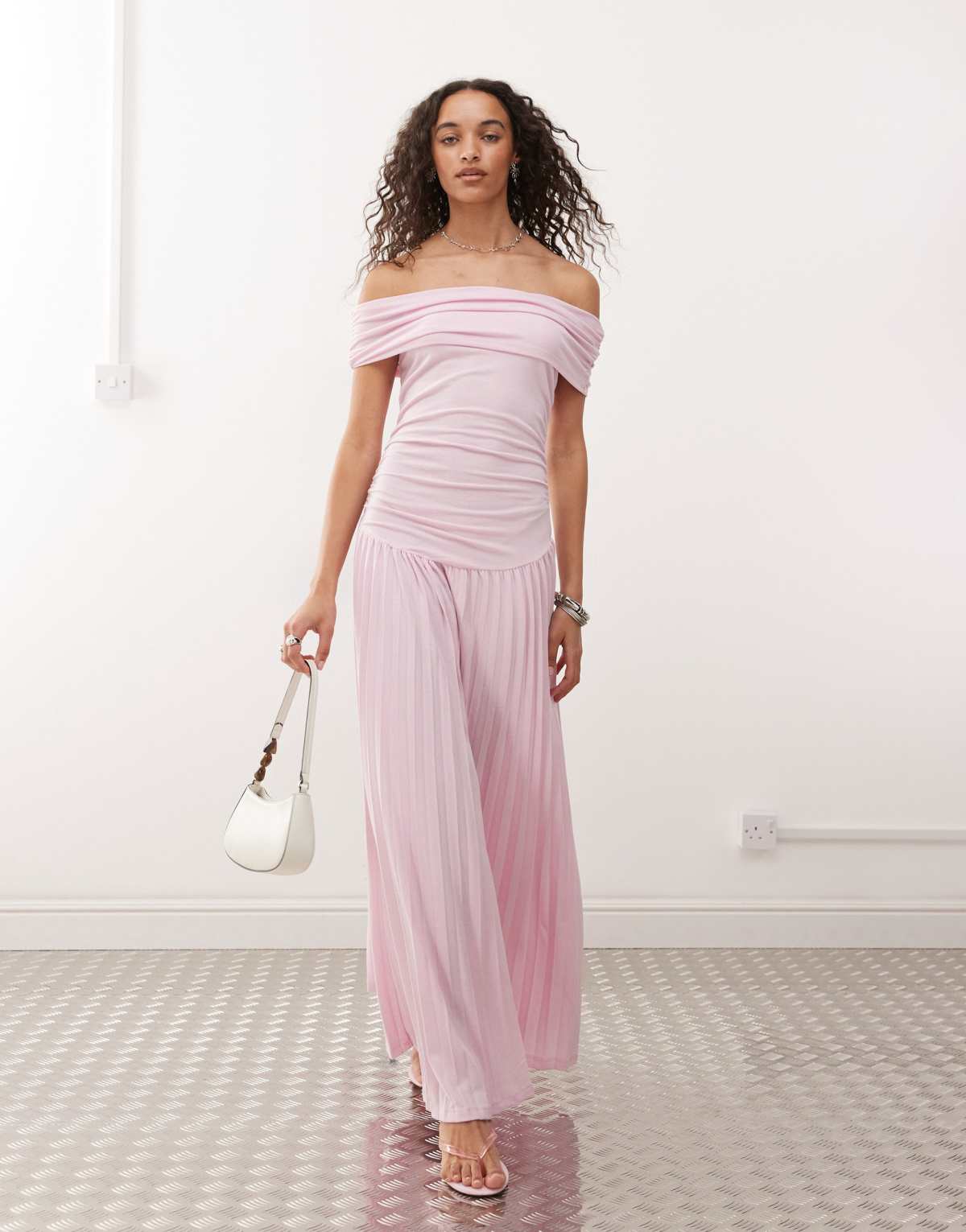 Lioness Field of Dreams fine knit foldover bardot ruched drop waist pleated maxi dress in soft pink